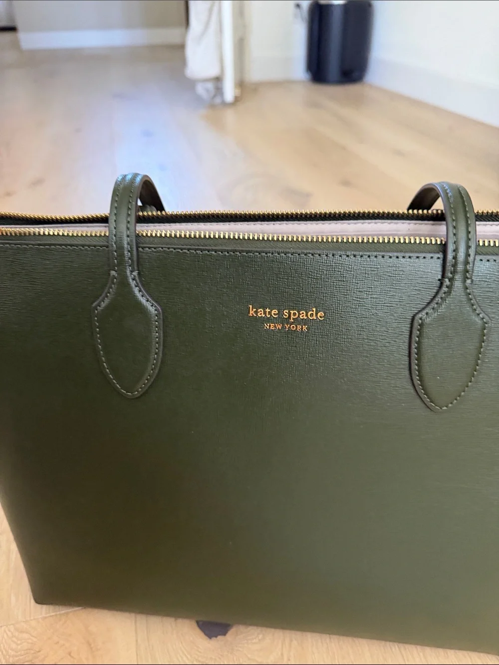 kate spade olive green Saffiano leather tote with gold logo